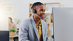 Telemarketing, laptop video call and black man talking on webinar communication, online conference or telecom. Networking, call center office and customer care person consulting on support help desk