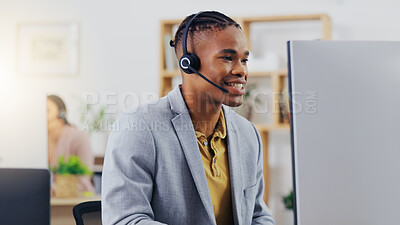 Telemarketing, laptop video call and black man talking on webinar communication, online conference or telecom. Networking, call center office and customer care person consulting on support help desk