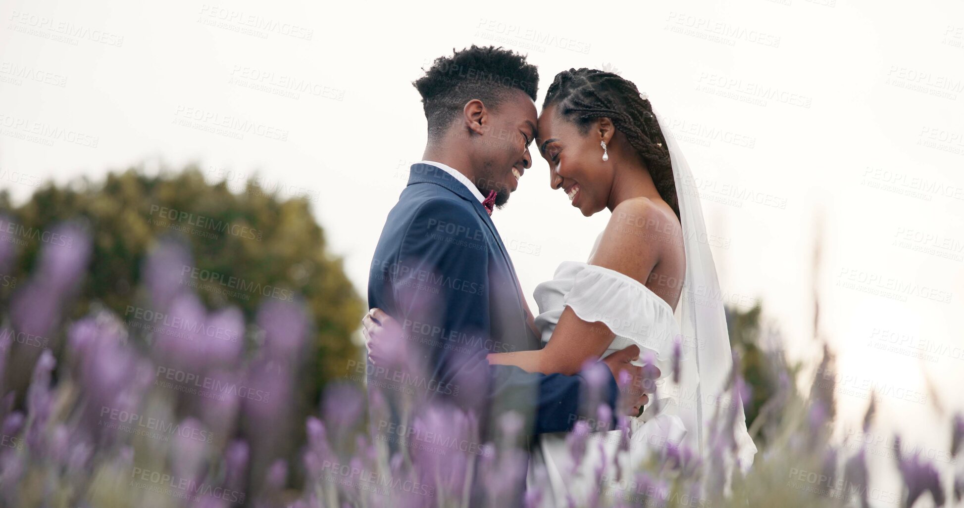 Buy stock photo Wedding, bride and groom hug in a field, dancing and celebration of love with happiness and commitment. Marriage, trust and black people in relationship, event and nature with love and care outdoor