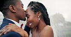 Outdoor, kiss and black couple with love, wedding and hug with marriage, happiness and celebration. African man, happy woman and embrace outside, event and bride with groom, romance and countryside