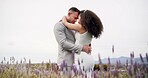 Outdoor, hug and couple with celebration, wedding and romance with marriage, happiness and countryside. Man, happy woman and embrace with commitment, love and bride with groom, summer and romantic