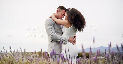 Buy stock photo Outdoor, hug and couple with celebration, wedding and romance with marriage, happiness and countryside. Man, happy woman and embrace with commitment, love and bride with groom, summer and romantic