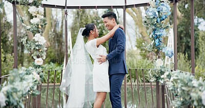 Couple, wedding and dance with laugh or connection, commitment or gratitude to bride for romance. Happy partnership, support or marriage for together or excited in dress, ceremony or union in garden