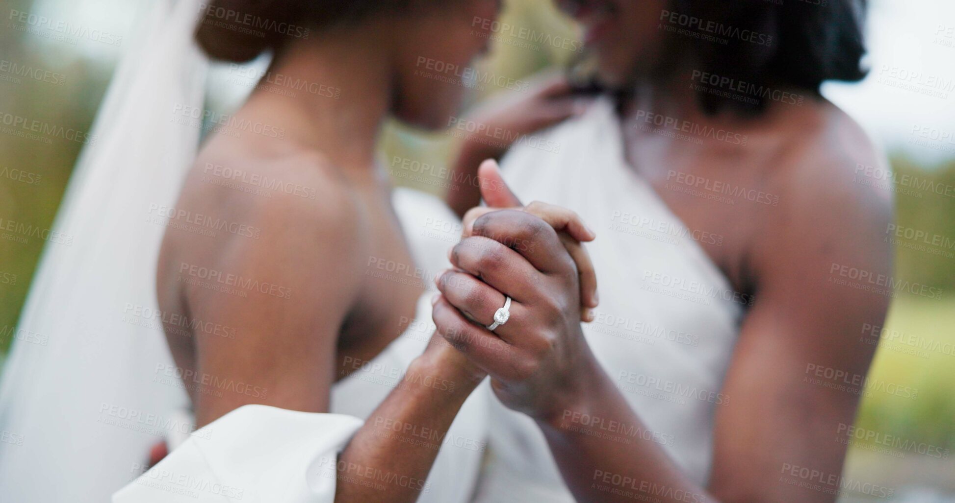 Buy stock photo Wedding, lesbian and women dancing outdoor together at ceremony for celebration, happiness and romance. Marriage, love and lgbtq people holding hands and moving with smile in elegant dress in nature