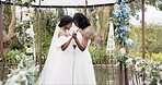 Wedding, lesbian and women dancing outdoor together at ceremony for celebration, happiness and romance. Marriage, love and lgbtq people embracing and moving with smile in elegant dress in nature