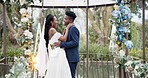 Wedding, dance and black couple in garden with love, celebration and excited future together. Gazebo, man and woman at luxury marriage reception with flowers, music and happiness at party in nature.