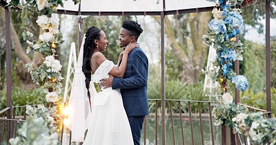 Wedding, dance and black couple in garden with love, celebration and excited future together. Gazebo, man and woman at luxury marriage reception with flowers, music and happiness at party in nature.
