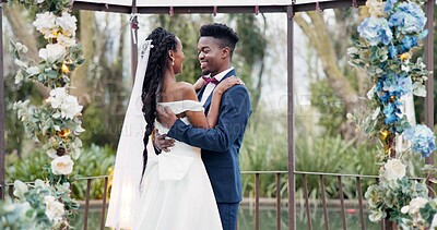 Wedding, first dance and black couple in garden with love, celebration and excited for future together. Gazebo, man and woman at marriage reception with flowers, music and happiness at outdoor party.