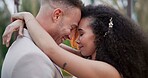 Wedding dance, couple closeup and hug in park gazebo outdoor with love, commitment and trust together. Garden, romance and ceremony with bride and groom with calm and care with embrace and smile