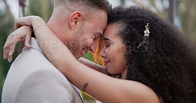 Wedding dance, couple closeup and hug in park gazebo outdoor with love, commitment and trust together. Garden, romance and ceremony with bride and groom with calm and care with embrace and smile