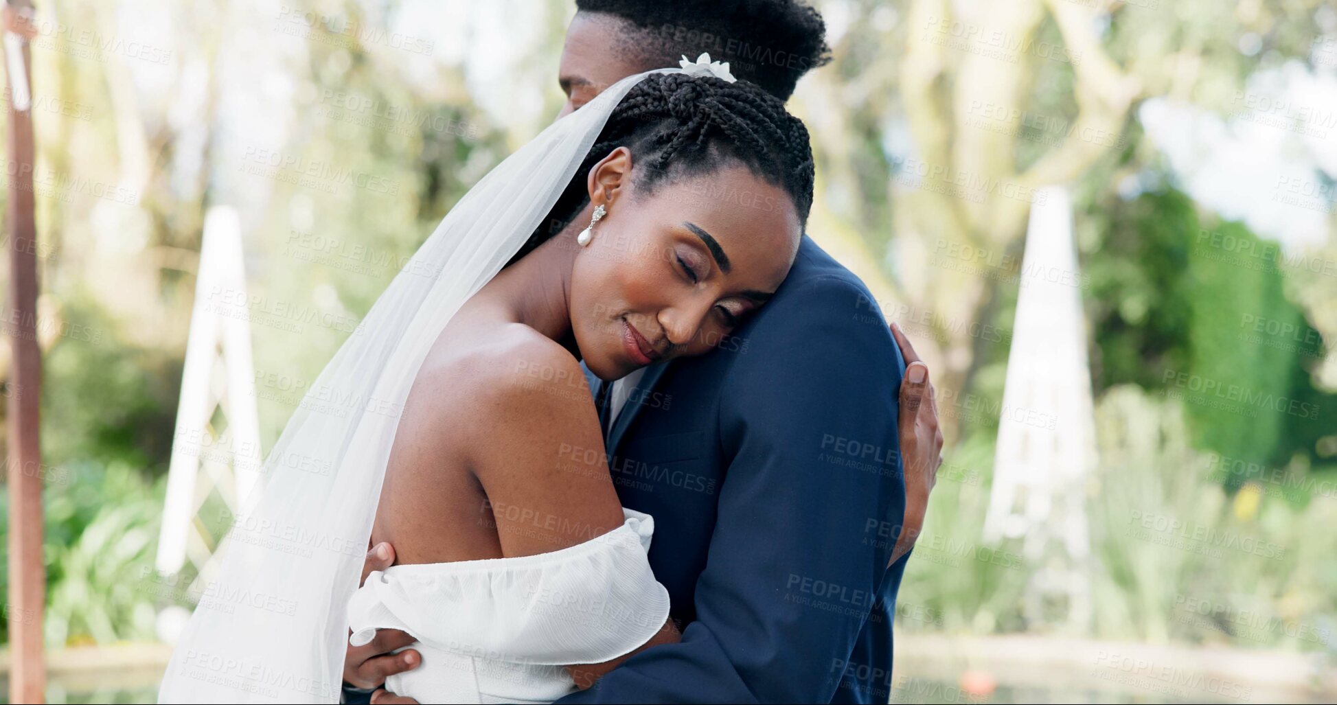 Buy stock photo Happy, couple and dance at outdoor wedding with bride and groom with slow, movement and peace together. Calm, happiness and black woman dancing with head on man shoulder and love, support or marriage