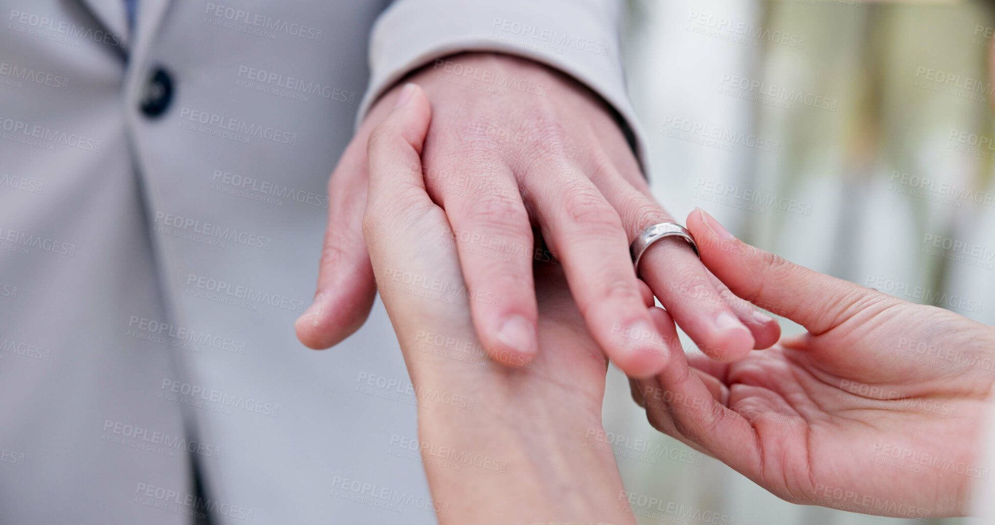 Buy stock photo Couple, holding hands and ring for marriage, wedding or ceremony for commitment, love or support. Closeup of people getting married, vows or accessory for symbol of bond, relationship or partnership