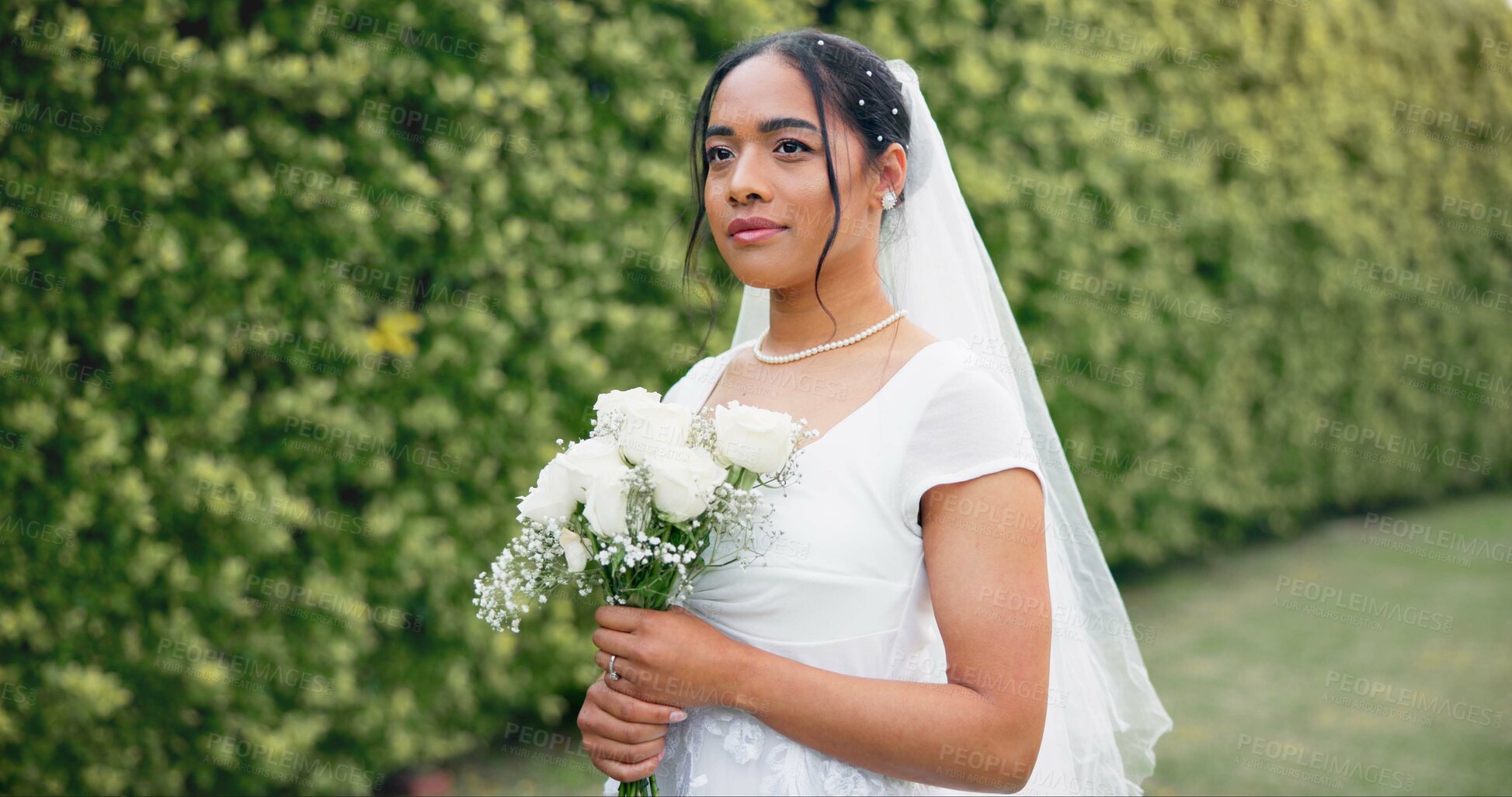 Buy stock photo Wedding in garden, portrait of bride with bouquet of roses and smile for celebration of love, future and commitment. Outdoor marriage ceremony, excited and happy woman with flowers, nature and beauty