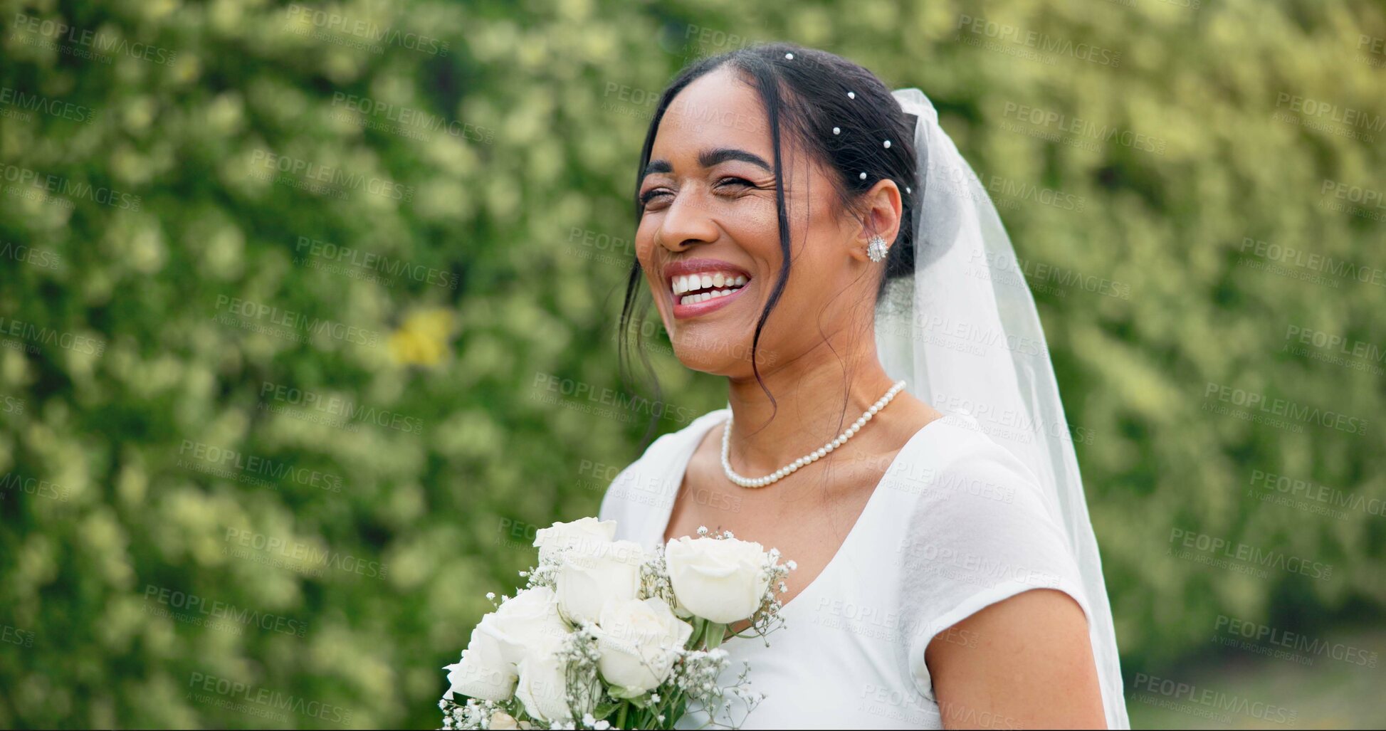 Buy stock photo Wedding in garden, bride with smile and bouquet of roses for celebration of love, future and commitment. Outdoor marriage ceremony, excited and happy woman in with flowers, sunshine and floral event