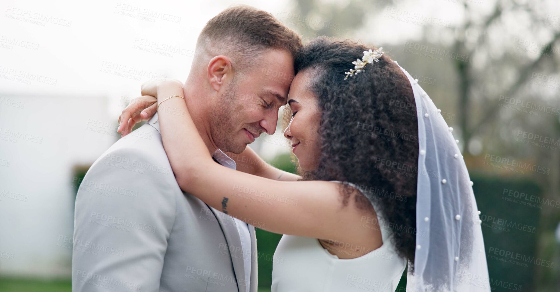 Buy stock photo Wedding, couple and love dancing outdoor together, happy and celebration for care and commitment. Marriage, man and woman moving with eyes closed, bride and groom embrace for first dance in nature