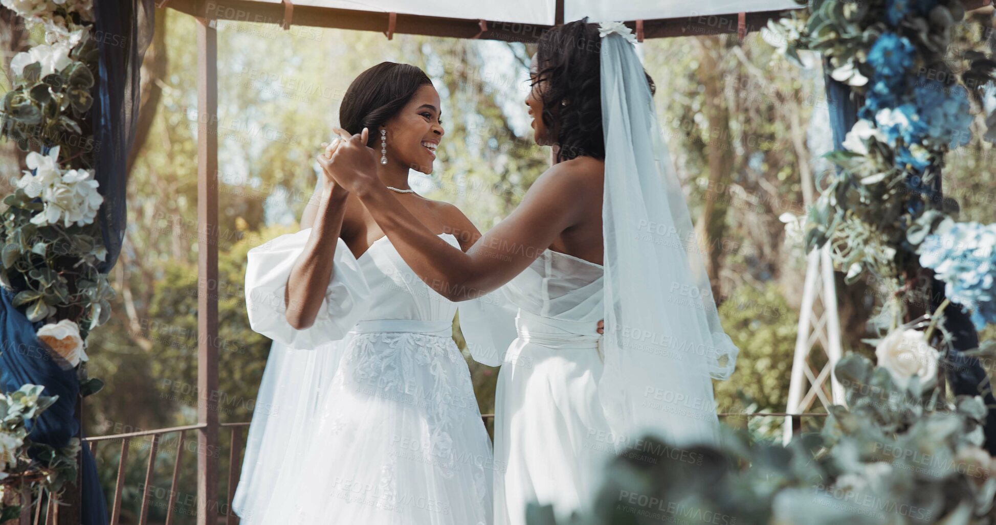 Buy stock photo Lesbian, wedding and dance in garden for celebration or love for diversity or commitment, outside and dress. Black women, married and happy with trust for event or romance, ceremony for partnership