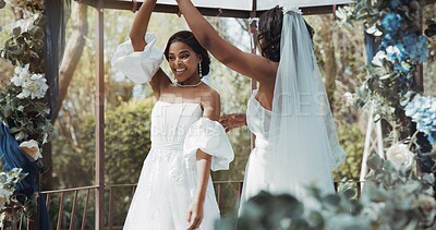 Lesbian, marriage and couple dance at wedding for commitment, celebration and ceremony. Love, African women and brides dancing for lgbt, queer and gay romance for relationship, care and bonding