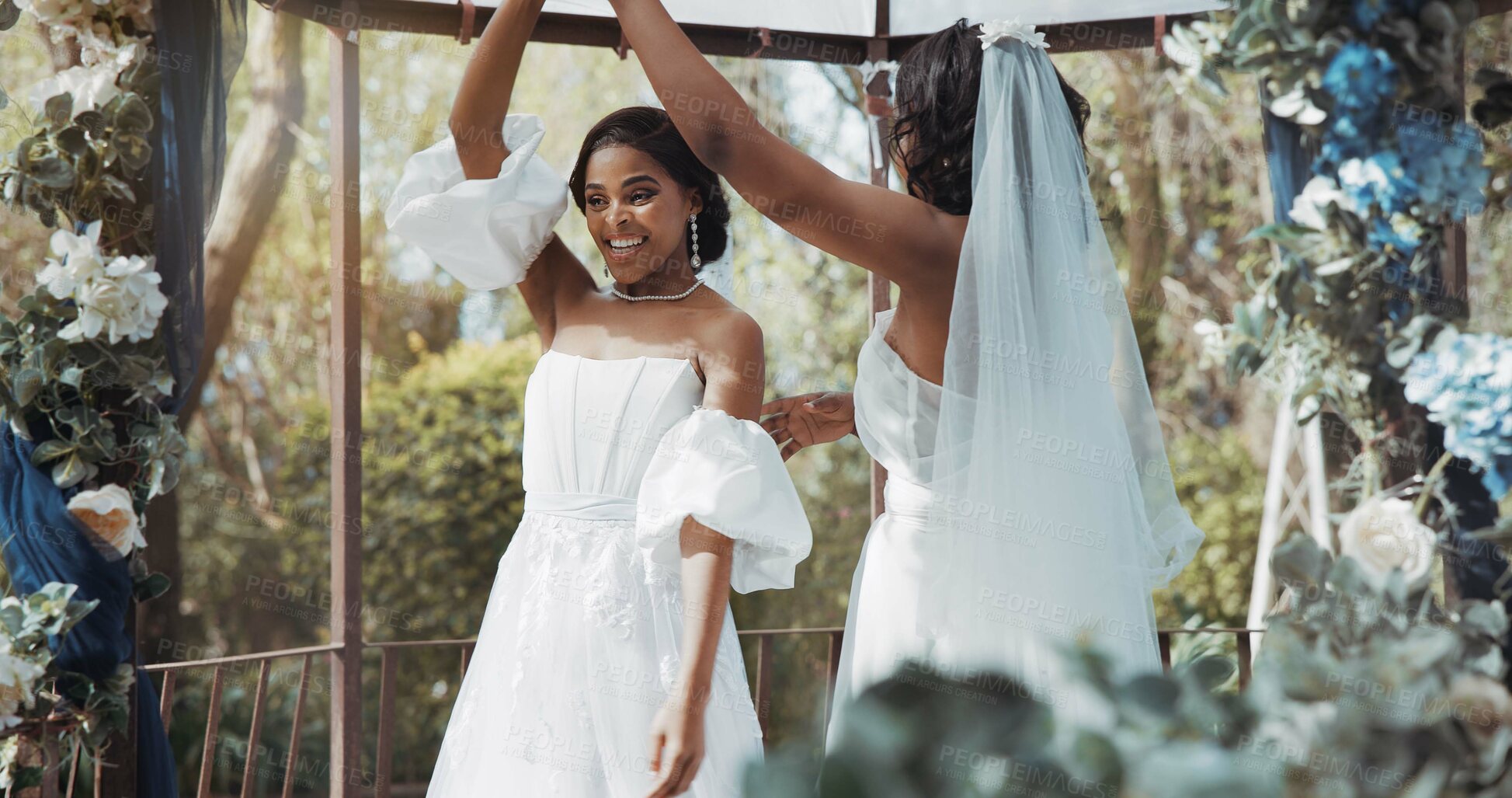 Buy stock photo Lesbian, marriage and couple dance at wedding for commitment, celebration and ceremony. Love, African women and brides dancing for lgbt, queer and gay romance for relationship, care and bonding