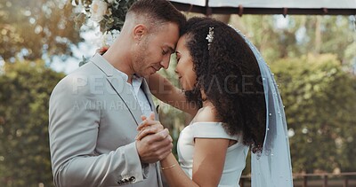 Couple, wedding and dancing with touch, countryside and commitment in celebration, love and smile. Interracial marriage, fashion and happy in outdoor, peace and romance of union and trust