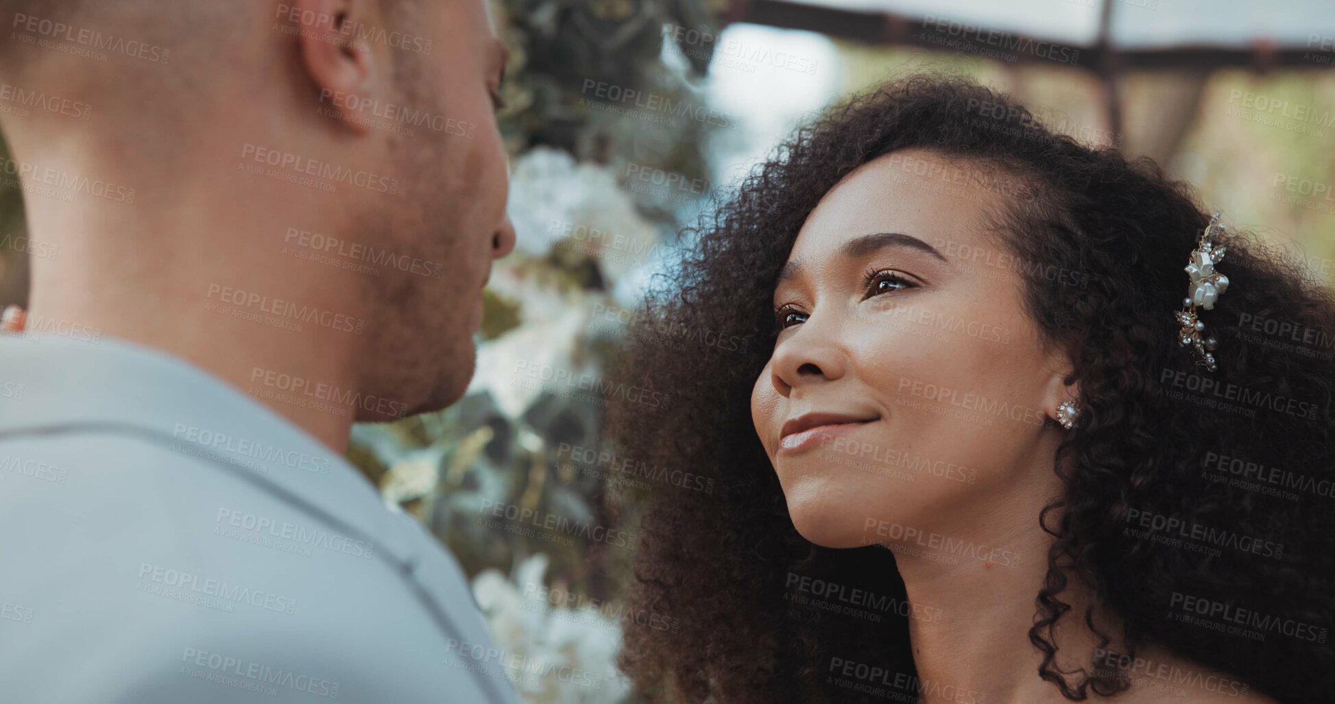 Buy stock photo Love, dancing and couple at wedding for commitment and in celebration at a outdoor marriage ceremony or event for trust. Husband, wife and happy woman with smile and care for partner together