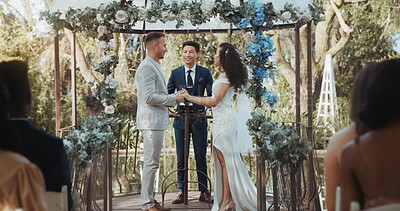Couple, wedding and talking for ceremony or holding hands or family, celebrate commitment in garden. Happy partnership, bride and groom with in respect for together with gratitude, romance or union