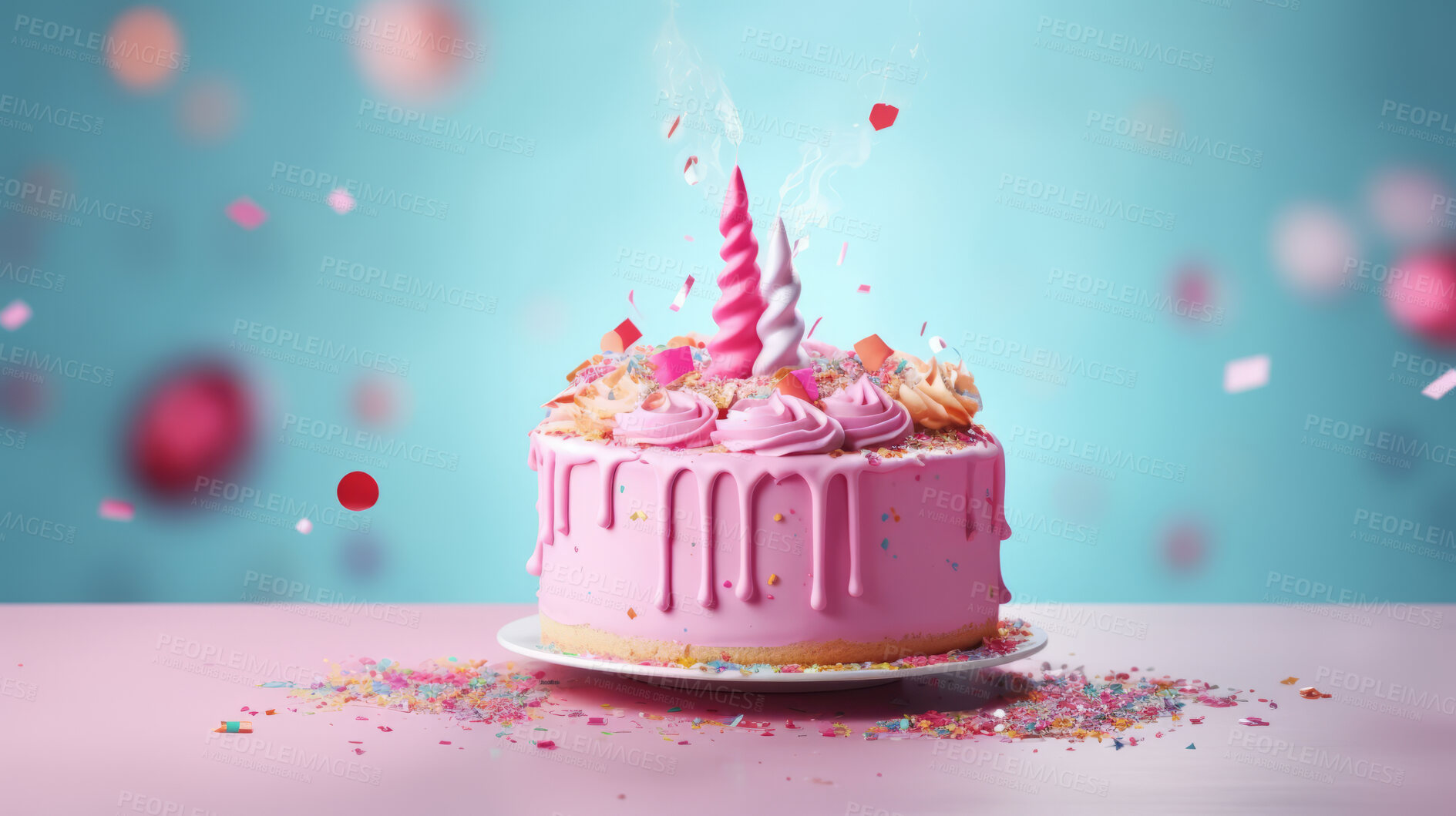 Buy stock photo Close-up shot of a decorated birthday cake. Beautiful cake for anniversary or celebration