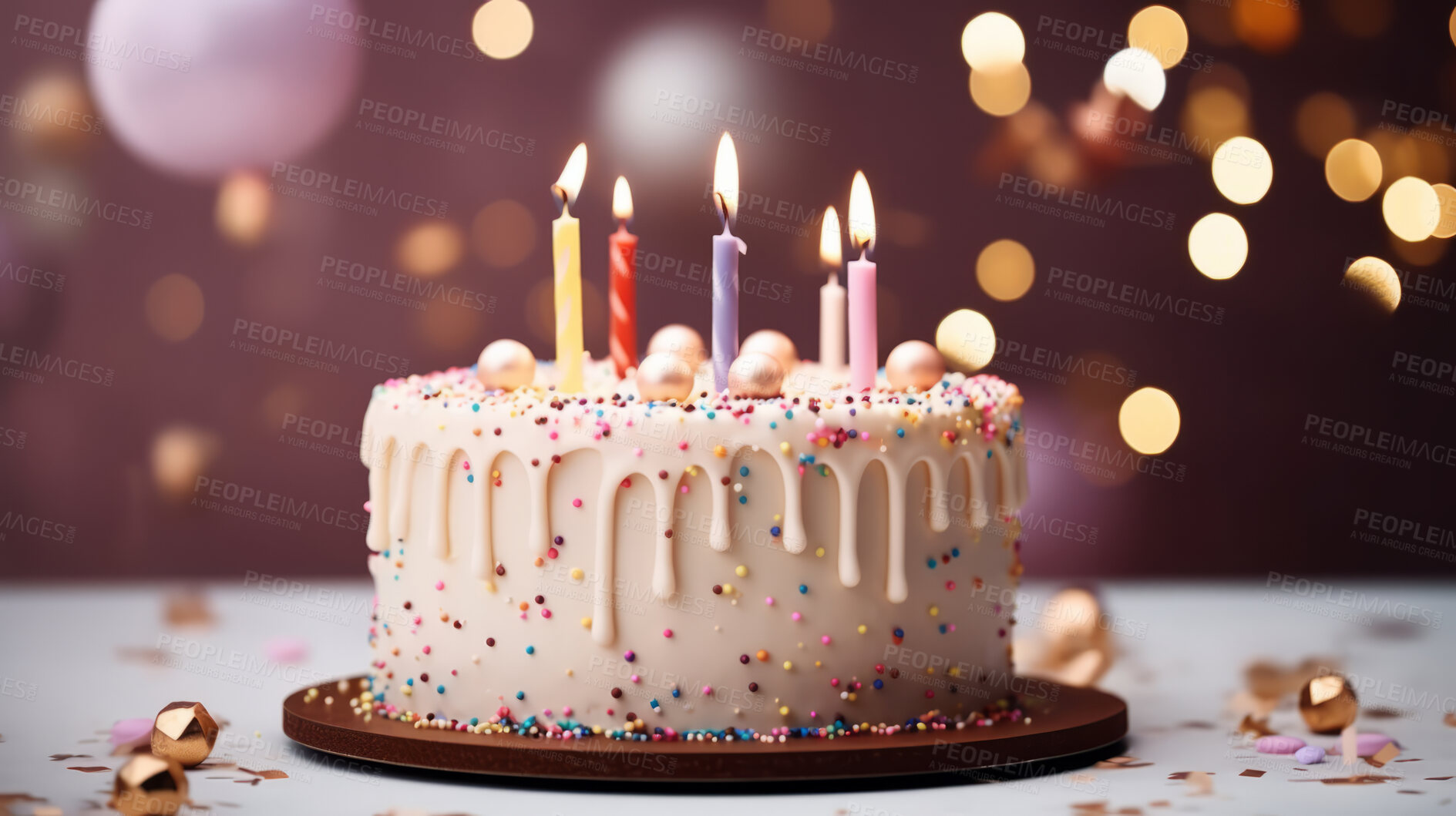 Buy stock photo Close-up shot of a decorated birthday cake. Beautiful cake for anniversary or celebration