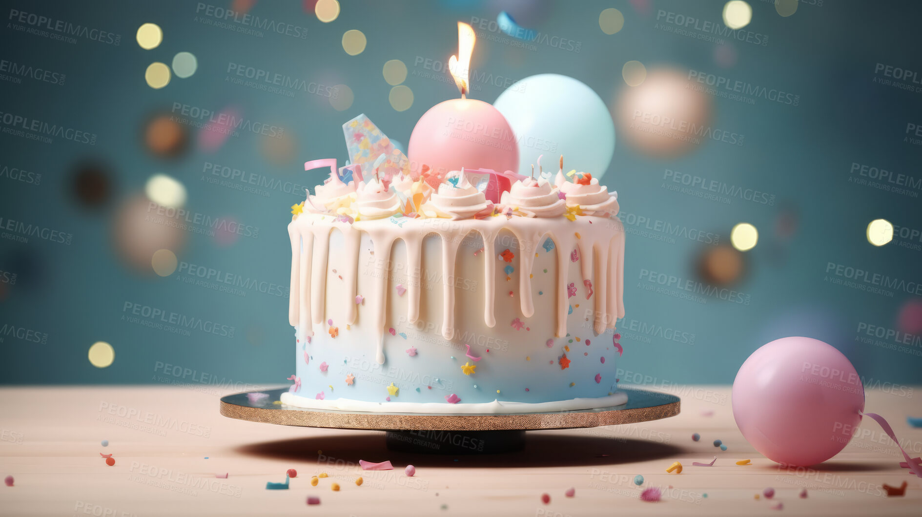 Buy stock photo Close-up shot of a decorated birthday cake. Beautiful cake for anniversary or celebration