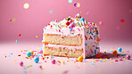 Close-up of a slice of birthday cake. Cake for anniversary or celebration