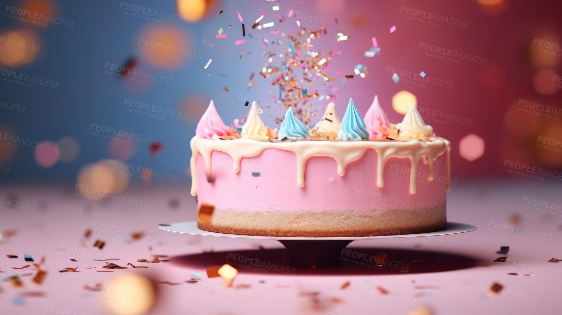 Buy stock photo Close-up shot of a decorated birthday cake. Beautiful cake for anniversary or celebration