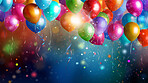 Colorful border with balloons and confetti. Composition with birthday decor