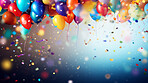 Colorful border with balloons and confetti. Composition with birthday decor