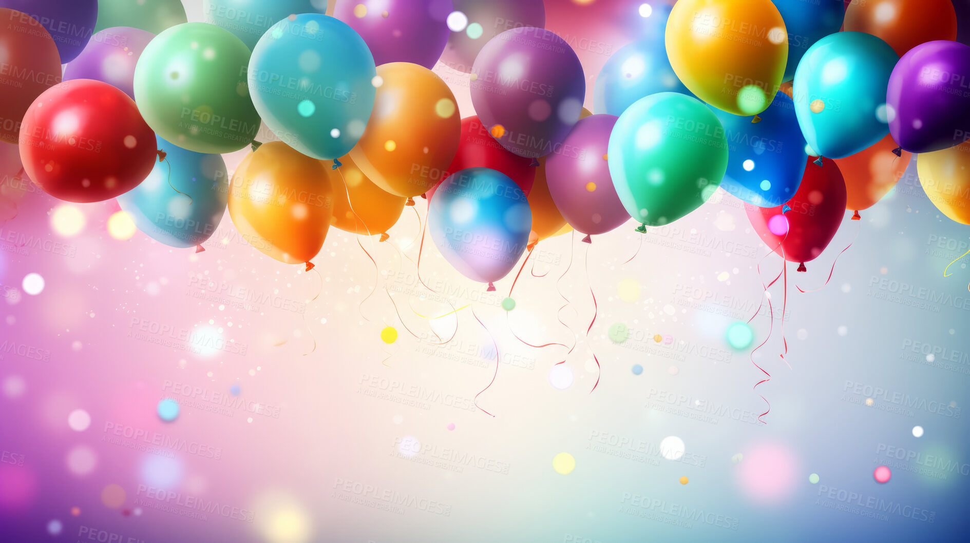 Buy stock photo Colorful border with balloons and confetti. Composition with birthday decor