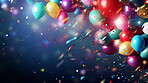 Colorful border with balloons and confetti. Composition with birthday decor