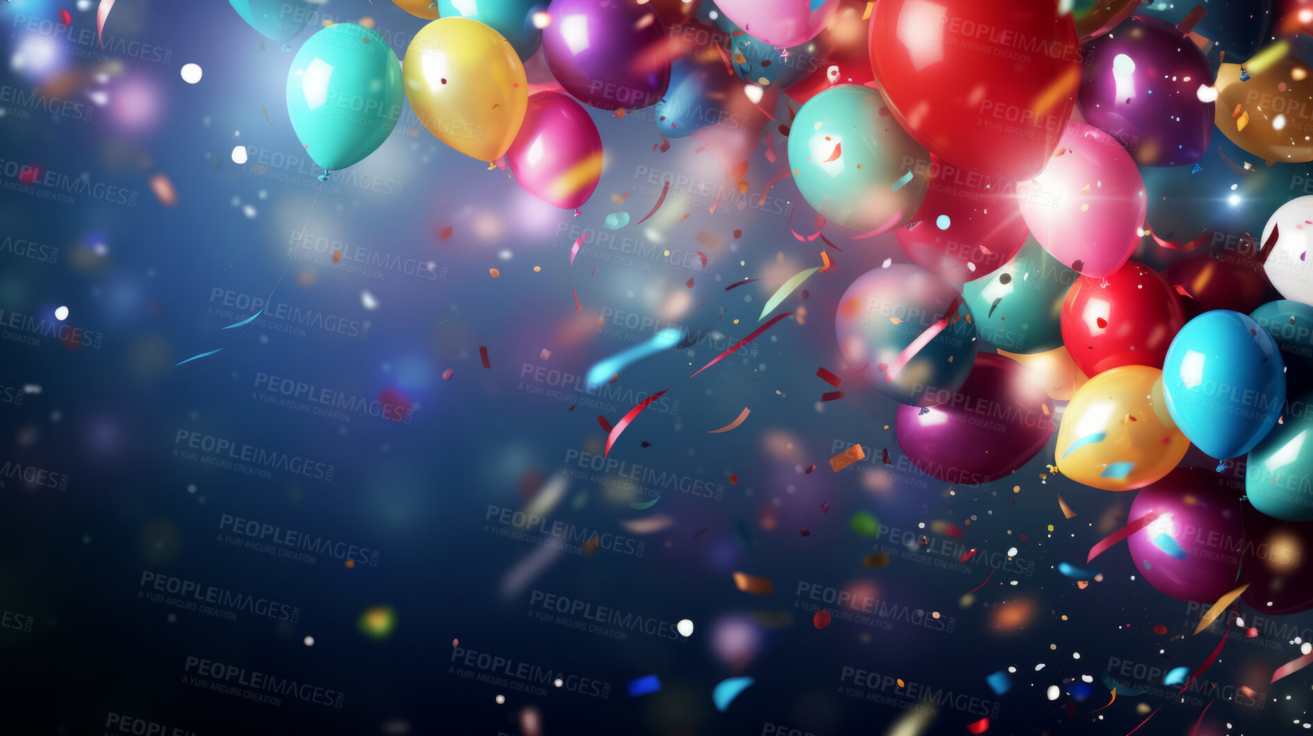 Buy stock photo Colorful border with balloons and confetti. Composition with birthday decor