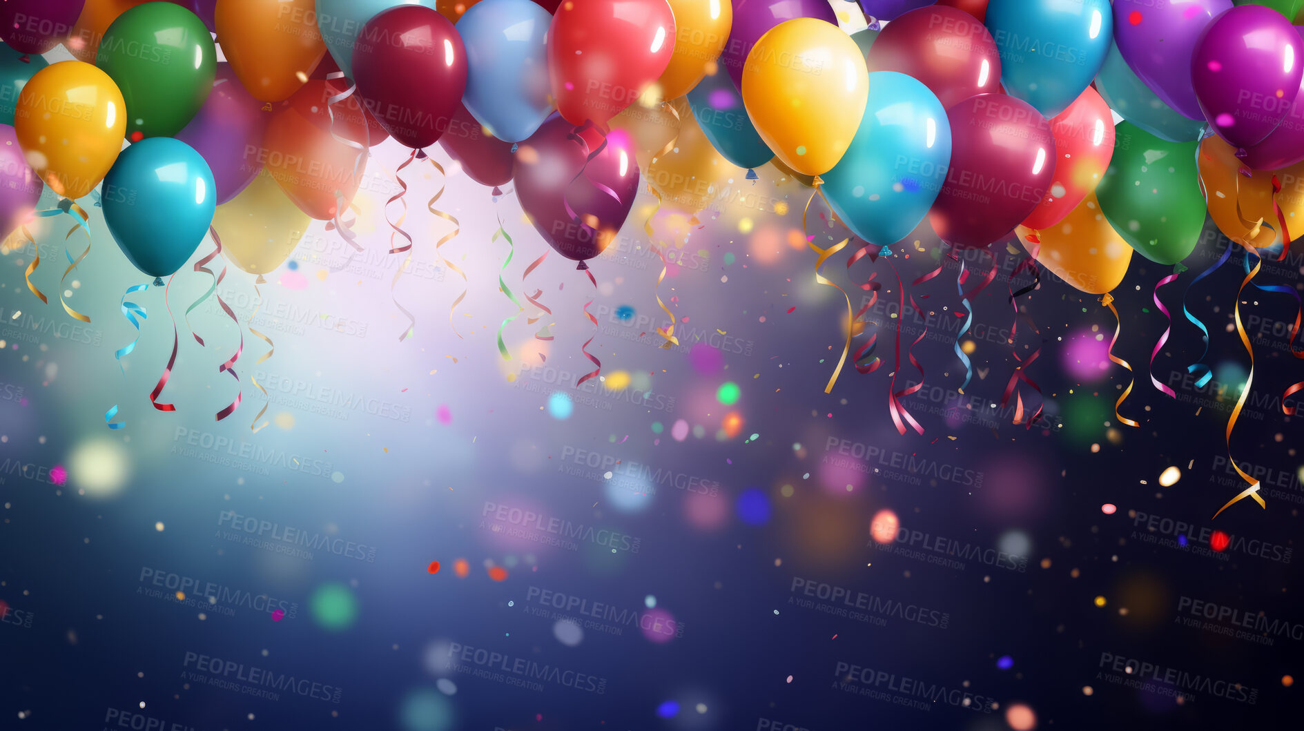 Buy stock photo Colorful border with balloons and confetti. Composition with birthday decor