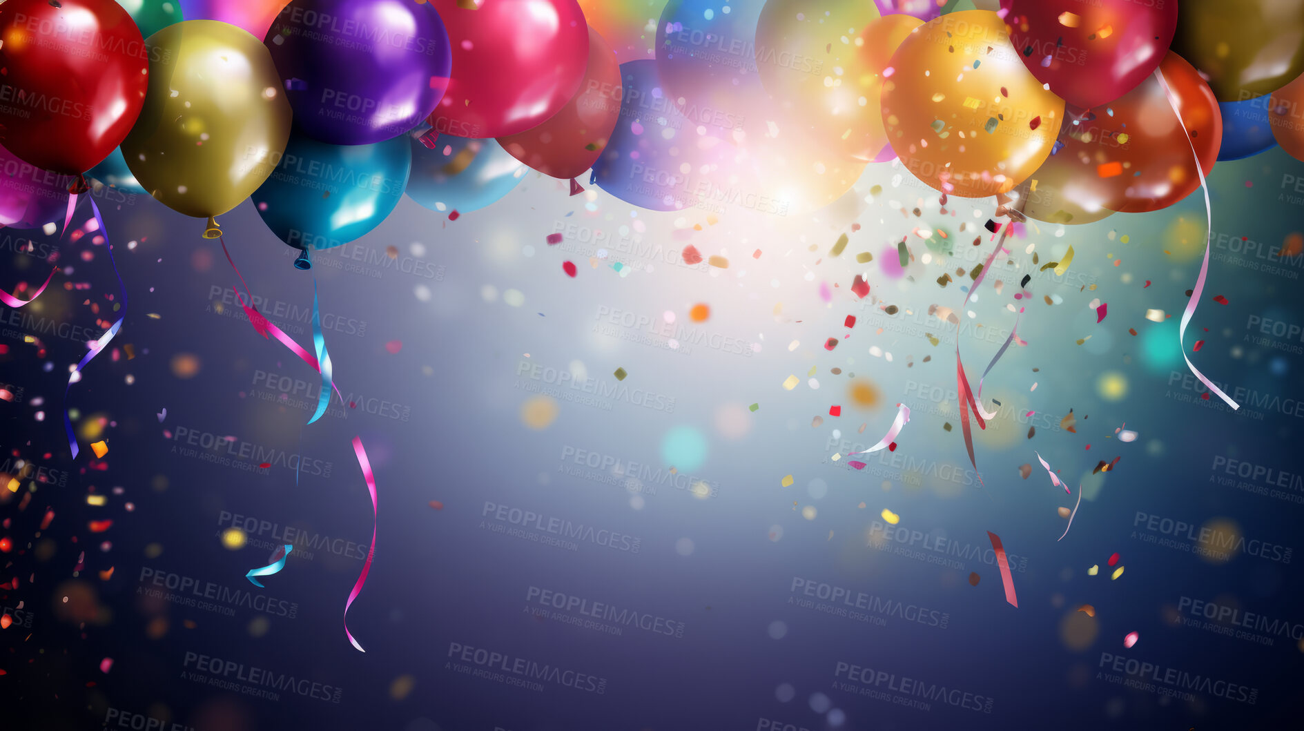 Buy stock photo Colorful border with balloons and confetti. Composition with birthday decor