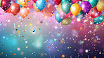 Colorful border with balloons and confetti. Composition with birthday decor