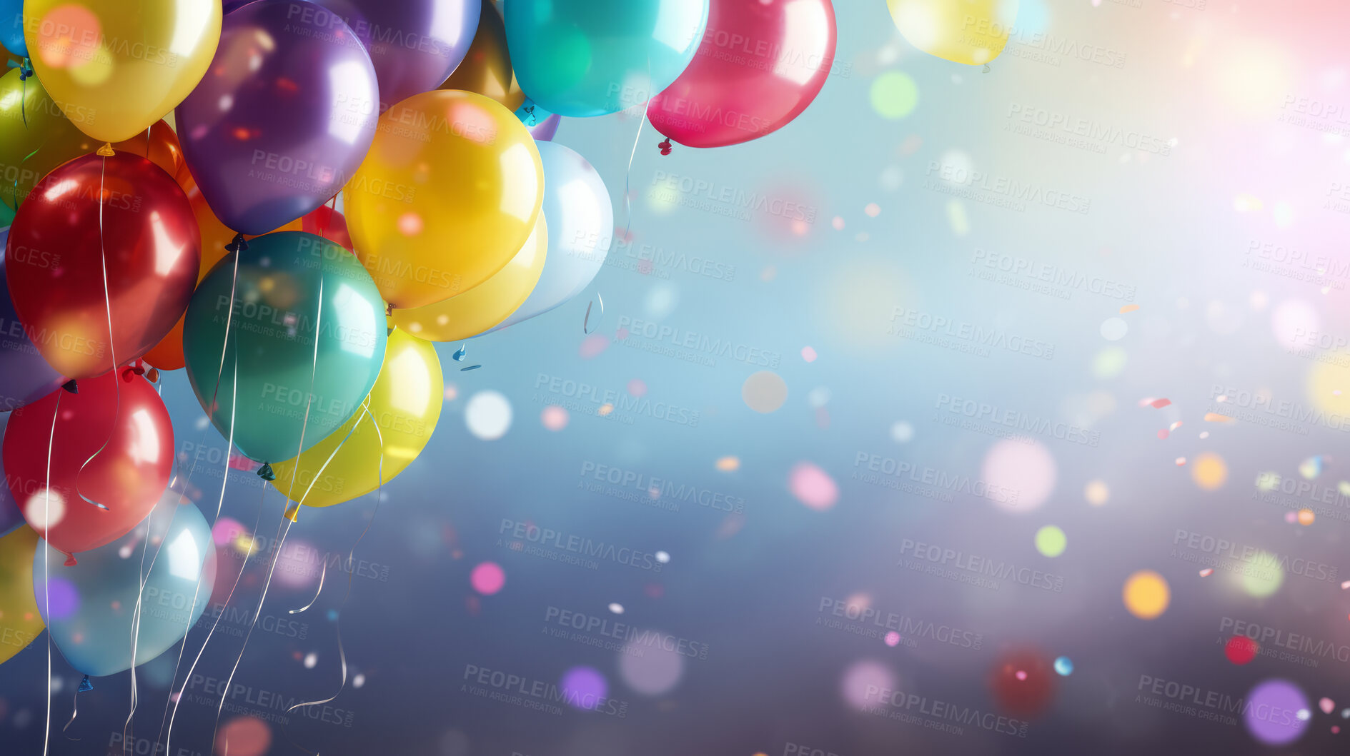 Buy stock photo Colorful border with balloons and confetti. Composition with birthday decor