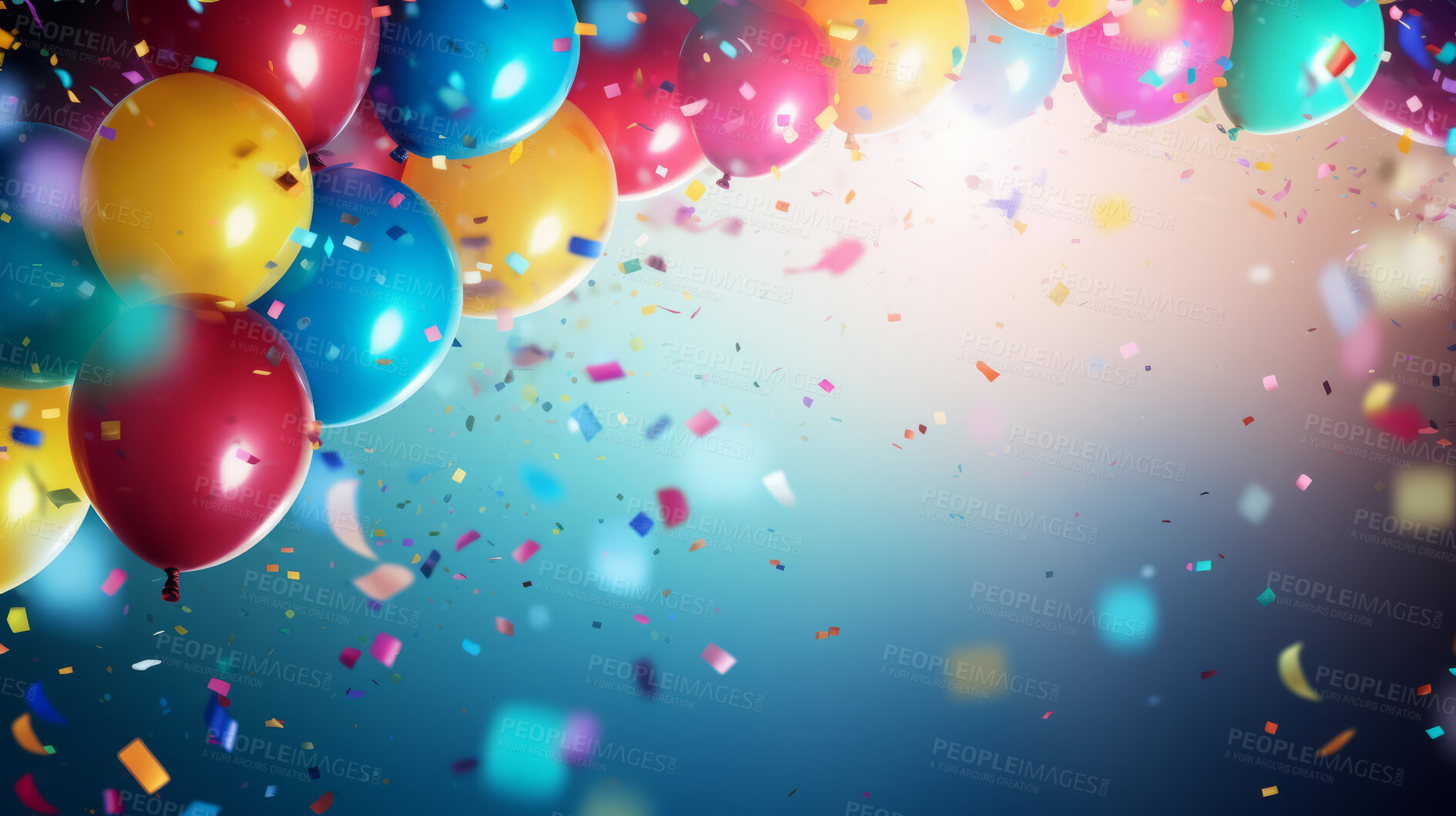 Buy stock photo Colorful border with balloons and confetti. Composition with birthday decor