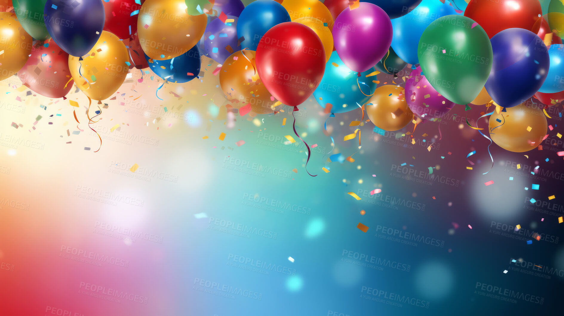 Buy stock photo Colorful border with balloons and confetti. Composition with birthday decor