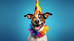 Portrait of a cute dog wearing a party hat for birthday celebration