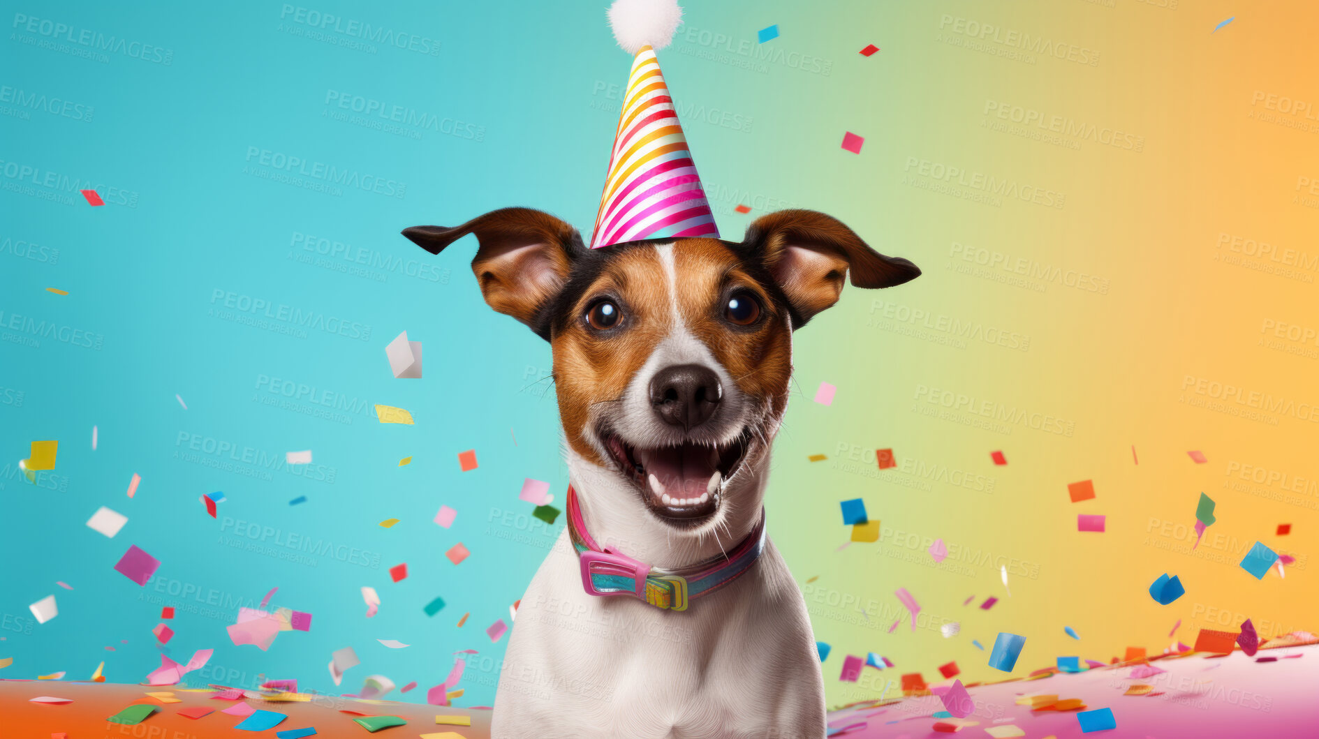 Buy stock photo Portrait of a cute dog wearing a party hat for birthday celebration