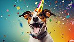 Portrait of a cute dog wearing a party hat for birthday celebration