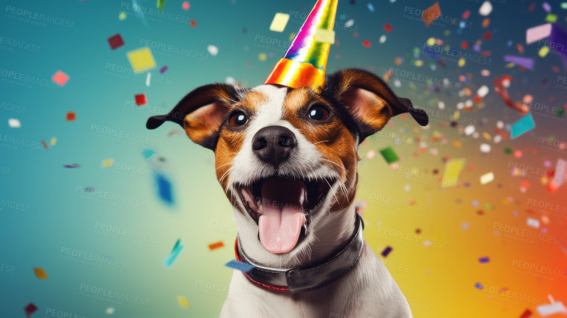 Buy stock photo Portrait of a cute dog wearing a party hat for birthday celebration