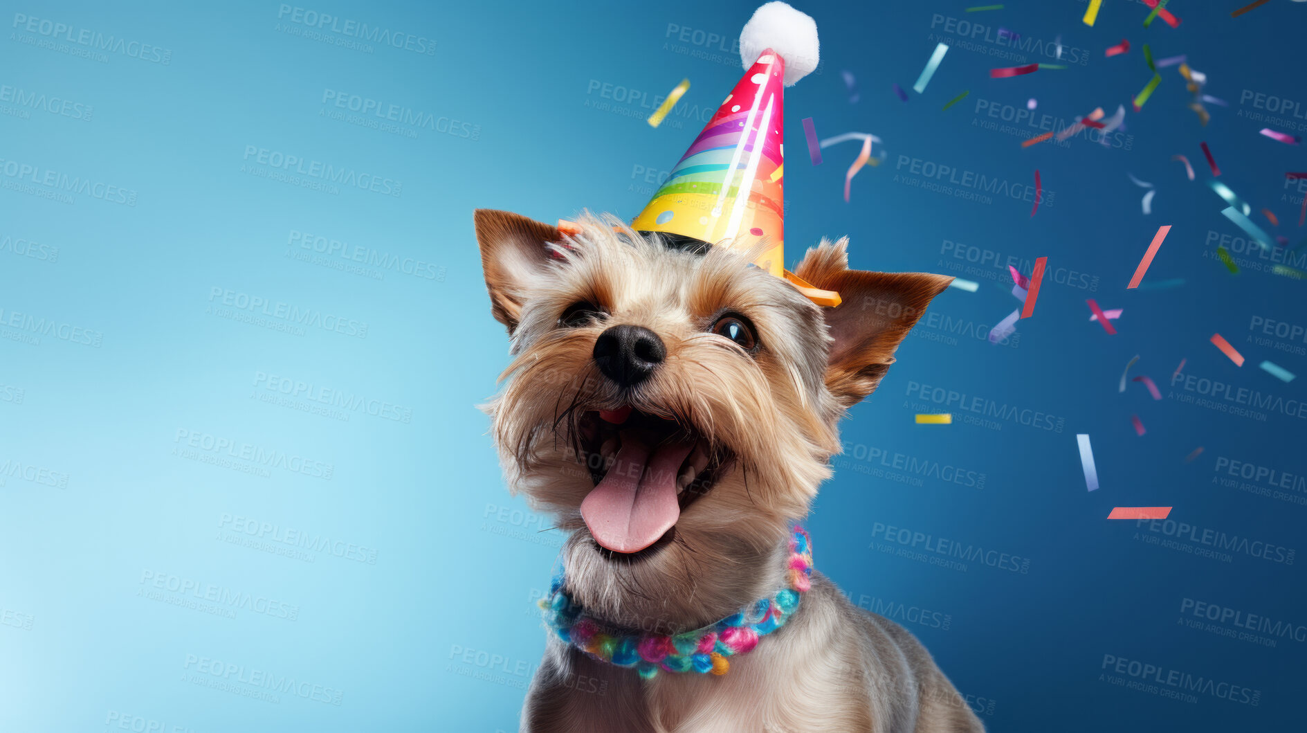 Buy stock photo Portrait of a cute dog wearing a party hat for birthday celebration
