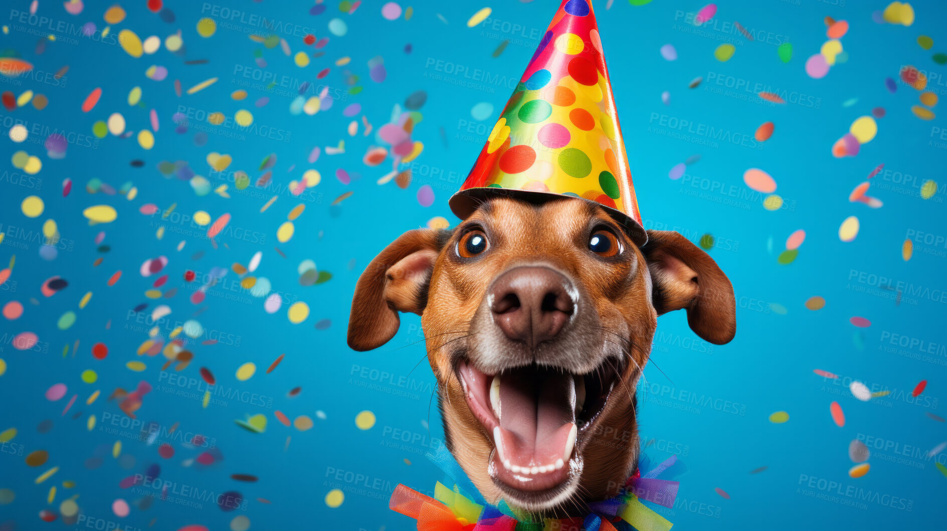 Buy stock photo Portrait of a cute dog wearing a party hat for birthday celebration