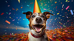 Portrait of a cute dog wearing a party hat for birthday celebration