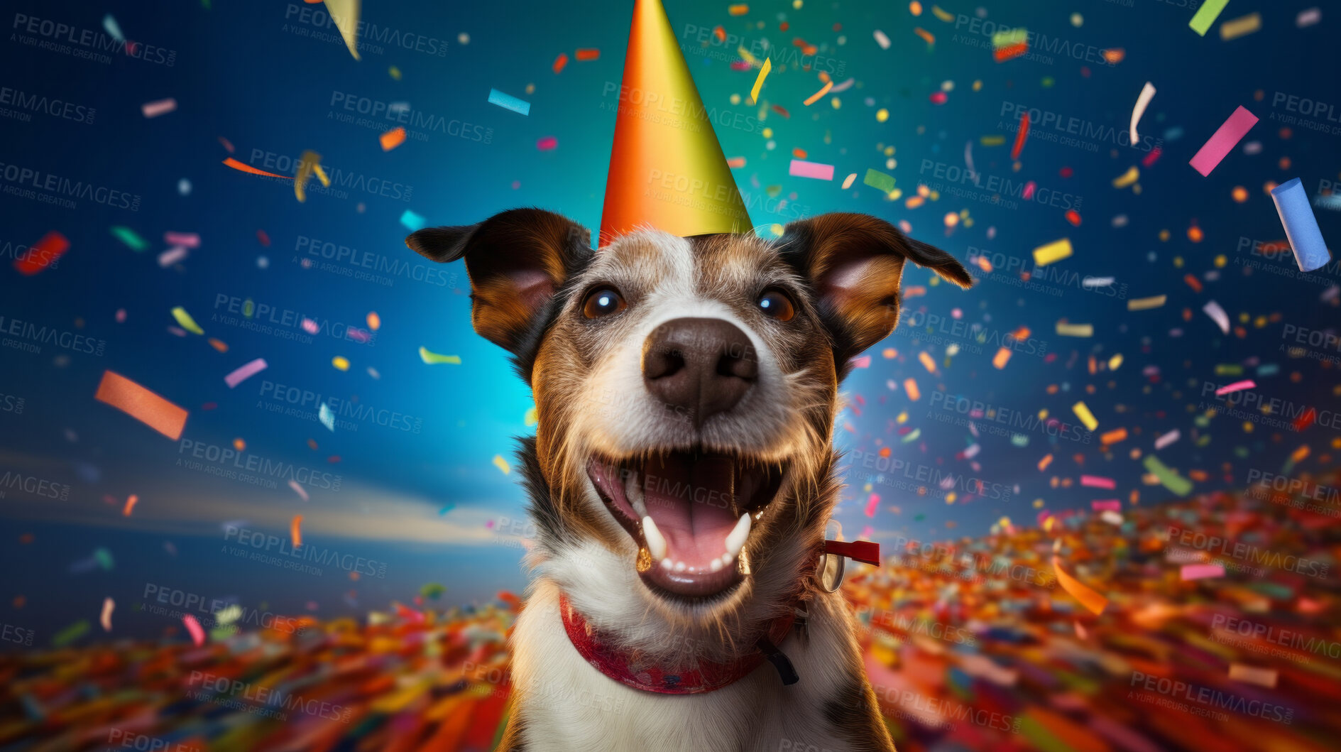 Buy stock photo Portrait of a cute dog wearing a party hat for birthday celebration