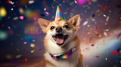 Portrait of a cute dog wearing a party hat for birthday celebration